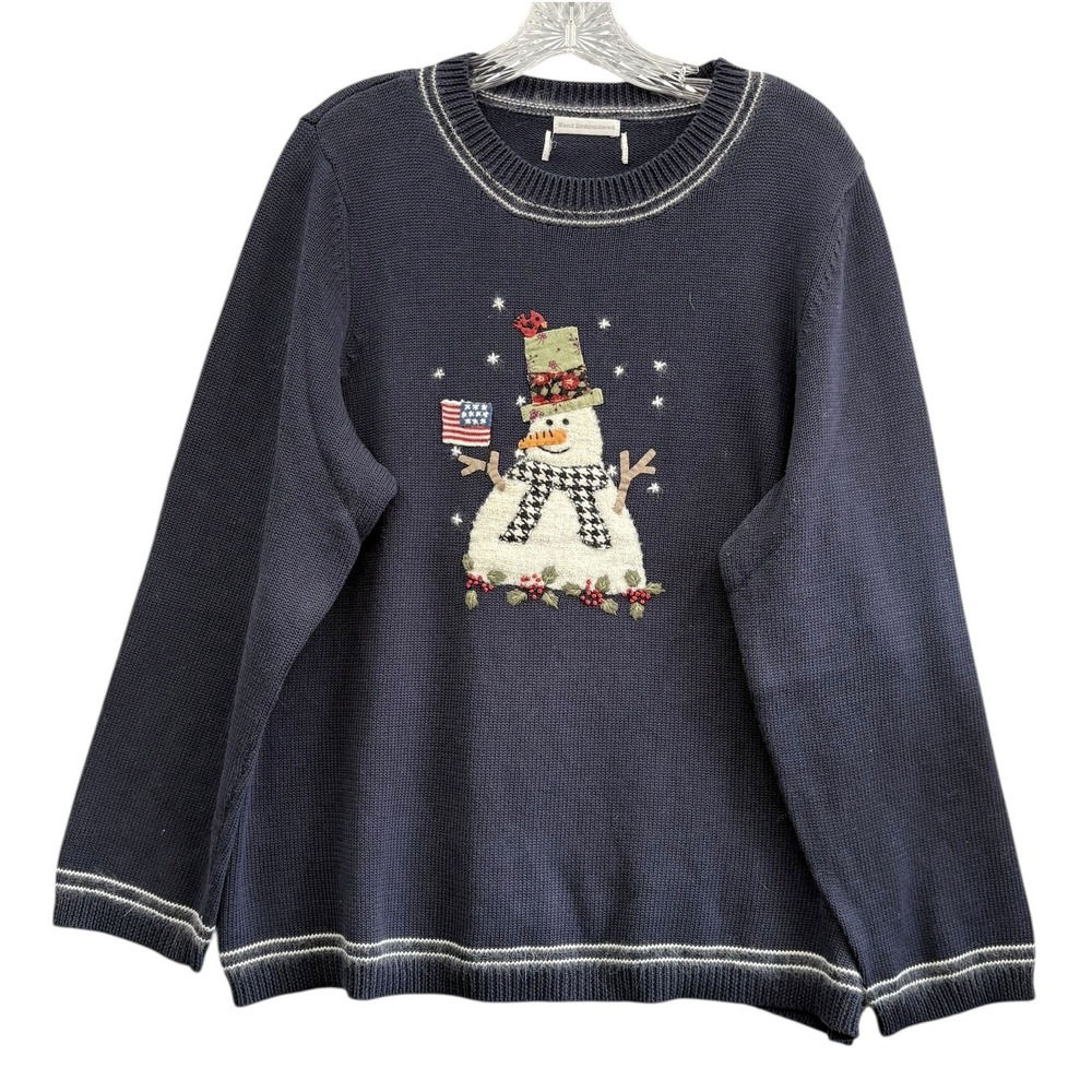 CJ Banks Women's Hand Embroidered Patriotic Snowman Holiday Knit Sweater Top L
